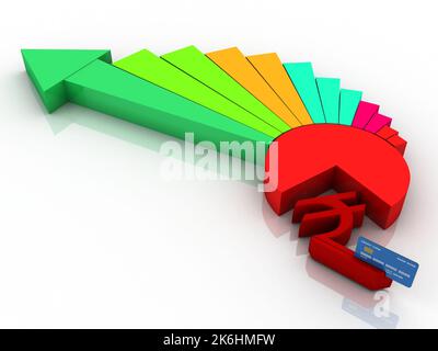 3d illustration rupee Sign and Credit Card near card box Stock Photo ...