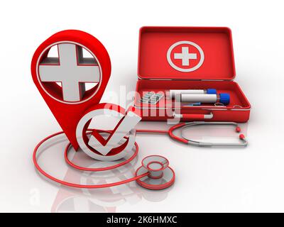 3d rendering Test tubes with blood for medical and biological analyzes in first aid box near stethoscope Stock Photo