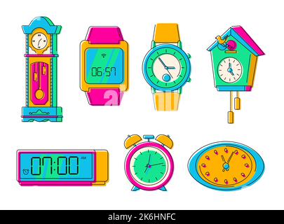 Different generations of watches - line design style objects set Stock Vector