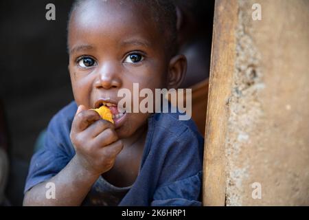 A cute young toddler boy eats a bite of mango fruit at his home in Kasese District, Uganda, East Africa. Stock Photo