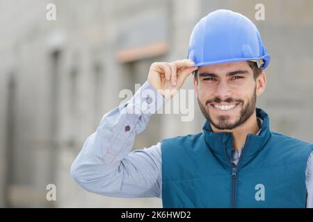 happy man construction worker smiling at camera Stock Photo