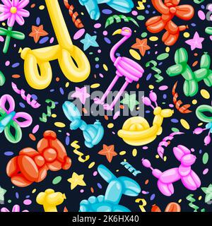 Air balloons on black background. Colorful holiday seamless pattern. Vector illustration of animals sculpture toys made from air balloons. Kids fashio Stock Vector