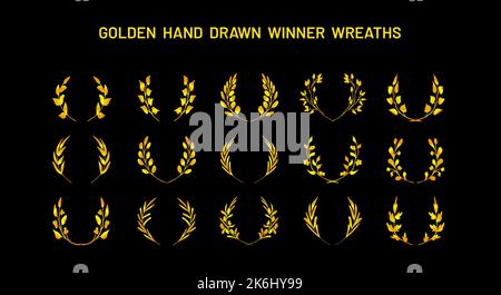 Golden silhouettes of doodle winner wreaths. Laurel garlands, competition award crowns of penannular or horseshoe shape. Victory, organic herb, good c Stock Vector