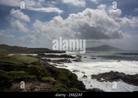 Rugged cliffs on the southwest coast of Achill Island. It is part of the Wild Atlantic Way. Stock Photo