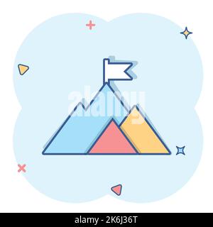 Mission champion icon in comic style. Mountain cartoon vector illustration on white isolated background. Leadership splash effect business concept. Stock Vector