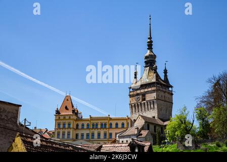 SIGHISOARA, MURES, ROMANIA -  MAY 09, 2021:  View of the Clock Tower at Sighisoara Citadel , Transylvania. Stock Photo