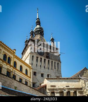 SIGHISOARA, MURES, ROMANIA -  MAY 09, 2021:  View of the Clock Tower at Sighisoara Citadel , Transylvania. Stock Photo