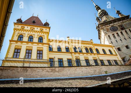 SIGHISOARA, MURES, ROMANIA -  MAY 09, 2021:  View of the Clock Tower at Sighisoara Citadel , Transylvania. Stock Photo