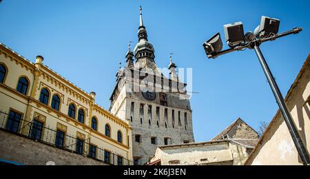 SIGHISOARA, MURES, ROMANIA -  MAY 09, 2021:  View of the Clock Tower at Sighisoara Citadel , Transylvania. Stock Photo