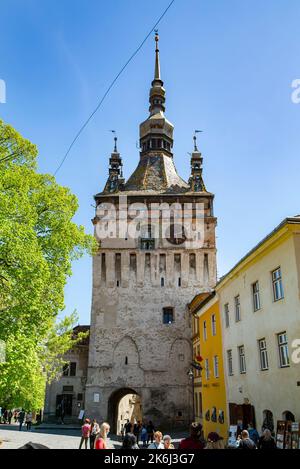 SIGHISOARA, MURES, ROMANIA -  MAY 09, 2021:  View of the Clock Tower at Sighisoara Citadel , Transylvania. Stock Photo