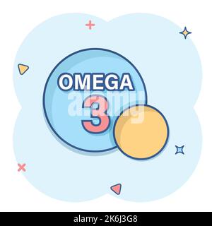 Omega 3 icon in comic style. Pill capsule cartoon vector illustration on white isolated background. Organic vitamin nutrient oil fish splash effect bu Stock Vector