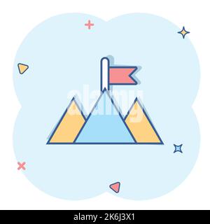 Mission champion icon in comic style. Mountain cartoon vector illustration on white isolated background. Leadership splash effect business concept. Stock Vector