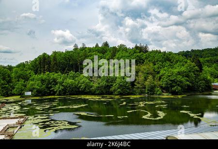 SOVATA,  MURES, ROMANIA – MAY 29, 2021:  Landscape with Bear Lake (Lacul Ursu ) in  Sovata resort,  Transylvania,  Romania. Stock Photo