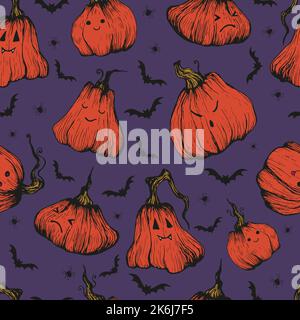 Pumpkins and bats, spiders Happy Halloween seamless pattern in vintage sketch style. Celebration cartoon fun texture with pumpkins. Stock Vector