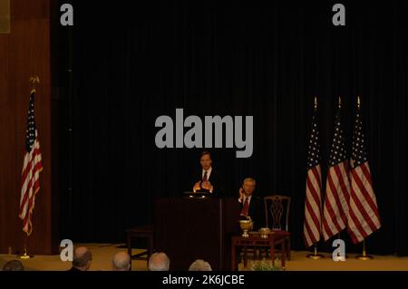 Foreign Affairs Day 2005 ceremonies, speeches, award presentations in the Dean Acheson Auditorium. The Director General of the Foreign Service, W. Robert Pearson, and the Under Secretary for Political Affairs, R. Nicholas Burns, were among the speakers and award presenters. Among award recipients were Thomas Pickering, former Under Secretary for Political Affairs and U.S. Ambassador to Russia, India, Israel, El Salvador, Nigeria, Jordan, and the United Nations; William Calderhead, former Executive Director of the Bureau of Inter American Affairs; and Patricia Carter of the . Stock Photo