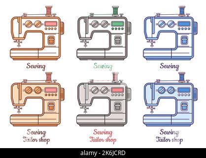 Electric sewing machine, tailor shop, sew, repair clothes icon set. Tailoring equipment, textile embroidery. Atelier, fashion clothing design. Vector Stock Vector