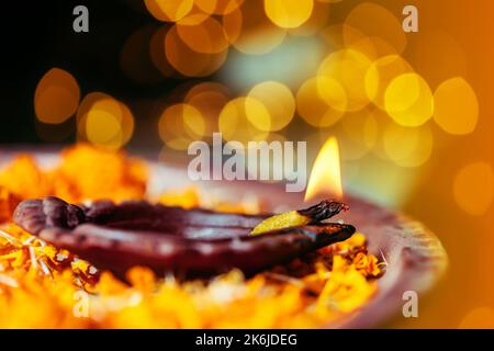 Diwali Diya, oil lamp beautifully decorated on the festive occasion of deepawali. Beautiful stock photo with copy space of diwali diya for background Stock Photo