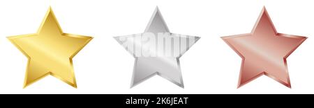 Gold, silver, bronze stars set. 3D vector metal elements isolated on white background Stock Vector