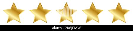 Five vector gold stars. Realistic 3d decor element rating Stock Vector