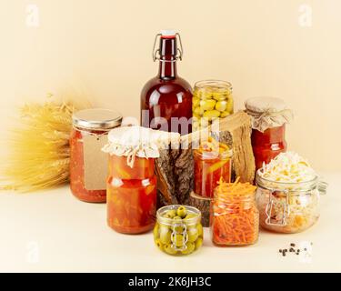 Fermented vegetables, mushrooms and home made beer Stock Photo