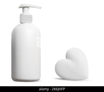 Liquid soap bottle and soap and soap bar mockup, isolated vector blank. Toilet hygiene pump dispenser bottle, hand care antibacterial clean cosmetics. Stock Vector
