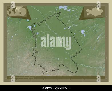 Pavlodar, region of Kazakhstan. Elevation map colored in wiki style with lakes and rivers. Corner auxiliary location maps Stock Photo