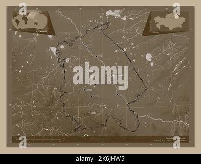 Pavlodar, region of Kazakhstan. Elevation map colored in sepia tones with lakes and rivers. Locations and names of major cities of the region. Corner Stock Photo