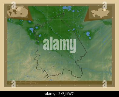 Pavlodar, region of Kazakhstan. Colored elevation map with lakes and rivers. Locations of major cities of the region. Corner auxiliary location maps Stock Photo