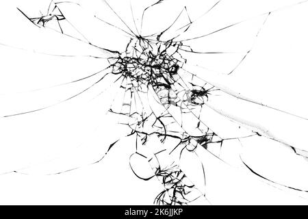 Cracks on the glass. White background in cracks. A broken smartphone screen. Screen replacement. The crack is black on a white background Stock Photo