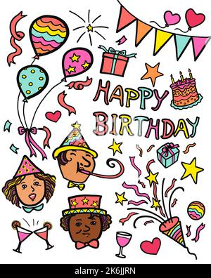 Illustration drawing of multi-ethnic group of young people celebrate birthday party. Happy birthday celebration concept. Stock Photo