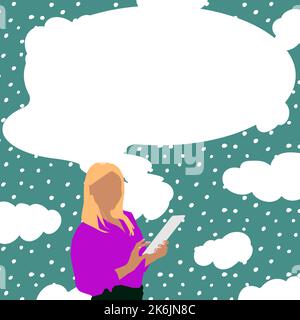 Presenter With Conversation Bubble Showing New Announcement. Colleague Speech Balloon Presenting Fresh And Important News Messages. Stock Vector