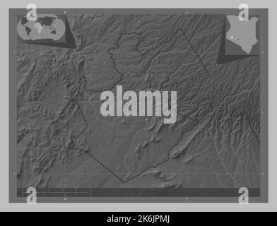 Bomet, county of Kenya. Grayscale elevation map with lakes and rivers. Locations of major cities of the region. Corner auxiliary location maps Stock Photo