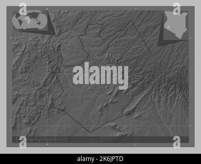 Bomet, county of Kenya. Grayscale elevation map with lakes and rivers. Corner auxiliary location maps Stock Photo