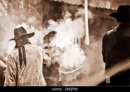 Wild West. 2 cowboys are shooting and producing a lot of smoke. A cowboy sits on a horse. Background vector in low poly style. Stock Vector