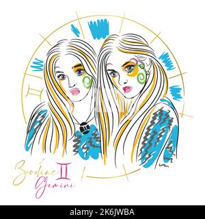 Girls with bright makeup, Zodiac sign, Gemini, fashion doodle Stock Vector