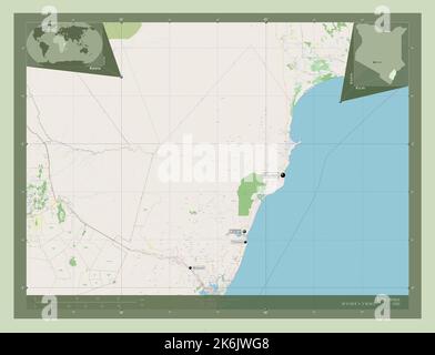 Kilifi, county of Kenya. Open Street Map. Locations and names of major cities of the region. Corner auxiliary location maps Stock Photo