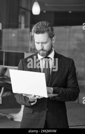 concentrated programmer man use pc. entrepreneur or manager. agile business. Stock Photo