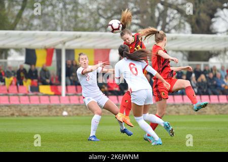 Burton upon Trent, UK. 12th Apr, 2022. During the UEFA U19 Championship Women Qualification football match between Belgium and England at venue St Georgess Park in Burton upon Trent, England. (Will Palmer /SPP) Credit: SPP Sport Press Photo. /Alamy Live News Stock Photo