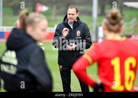 Burton upon Trent, UK. 12th Apr, 2022. During the UEFA U19 Championship Women Qualification football match between Belgium and England at venue St Georgess Park in Burton upon Trent, England. (Will Palmer /SPP) Credit: SPP Sport Press Photo. /Alamy Live News Stock Photo