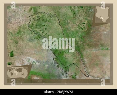 Makueni, county of Kenya. High resolution satellite map. Locations of major cities of the region. Corner auxiliary location maps Stock Photo