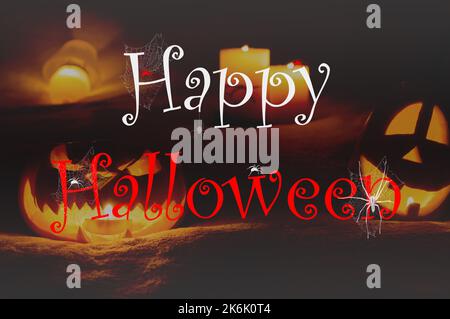 Halloween design with pumpkins and candles . Mixed media. Background for halloween. Happy halloween inscription. Stock Photo