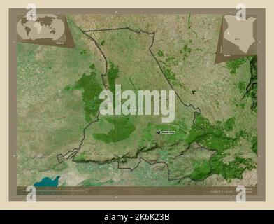 Nandi, county of Kenya. High resolution satellite map. Locations and names of major cities of the region. Corner auxiliary location maps Stock Photo