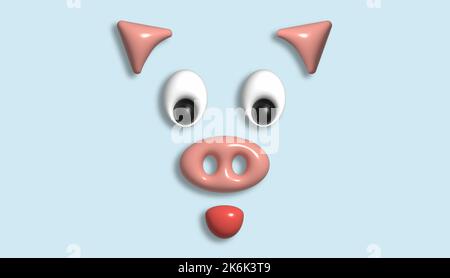 The muzzle of a piglet with a pink patch on a blue background. Cartoon 3d illustration Stock Photo