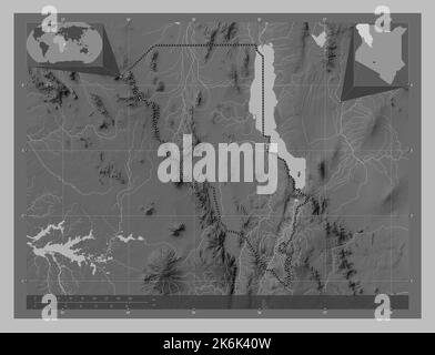 Turkana, county of Kenya. Grayscale elevation map with lakes and rivers. Corner auxiliary location maps Stock Photo