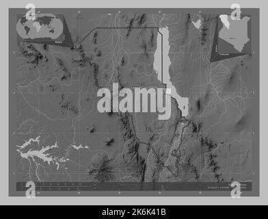 Turkana, county of Kenya. Grayscale elevation map with lakes and rivers. Locations and names of major cities of the region. Corner auxiliary location Stock Photo