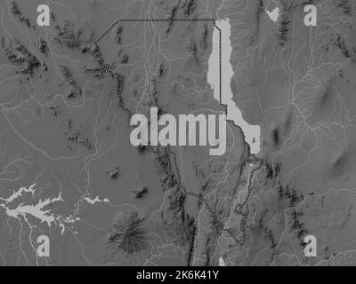 Turkana, county of Kenya. Grayscale elevation map with lakes and rivers Stock Photo