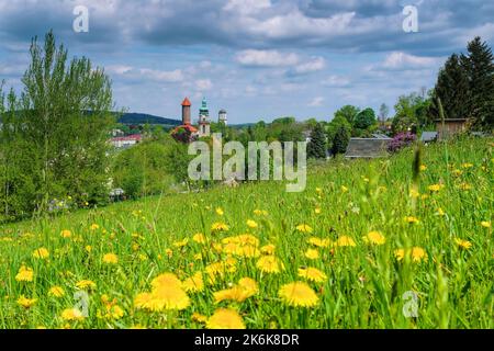 the town Auerbach in spring, Landscape Vogtland , Germany Stock Photo