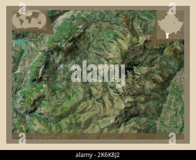 Dragash, municipality of Kosovo. High resolution satellite map. Locations of major cities of the region. Corner auxiliary location maps Stock Photo