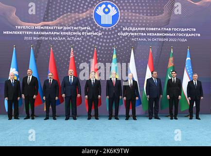 From left to right: Leaders of the Commonwealth of Independent States, CIS Executive Secretary Sergei Lebedev, Azerbaijani President Ilham Aliyev, Armenian Prime Minister Nikol Pashinyan, Belarusian President Alexander Lukashenko, Kyrgyz President Sadyr Japarov, Kazakh President Kassym-Jomart Tokayev, President of Russia Vladimir Putin, President of Tajikistan Emomali Rahmon, President of Turkmenistan Serdar Berdymukhamedov and President of Uzbekistan Shavkat Mirziyoyev pose for a photo during the Summit of the Commonwealth of Independent States (CIS), in Astana, Kazakhstan on October 14, 2022 Stock Photo