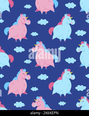 Fat Unicorn Pattern seamless. fleshy mythical animal Background. Baby fabric ornament Stock Vector